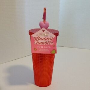 Red Studded Tumbler with Heart Straw Topper 24 Oz